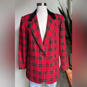 Vintage Red Plaid Blazer with Black Accents